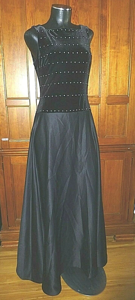 Maxi Vestido de Fiesta de Noche Falda De Colección Tadashi Negro Terciopelo Brillante Estrás Foto 2 de 4