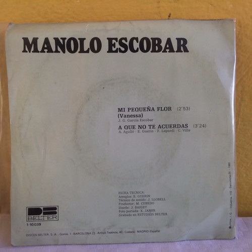 MANOLO ESCOBAR -MI PEQUEÑA FLOR VANESSA- 1980 SPANISH 7" SINGLE PS - 第 2/5 張圖片