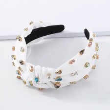 Women s White Knotted Jeweled Headband Embellished Top Hairband Twist Style