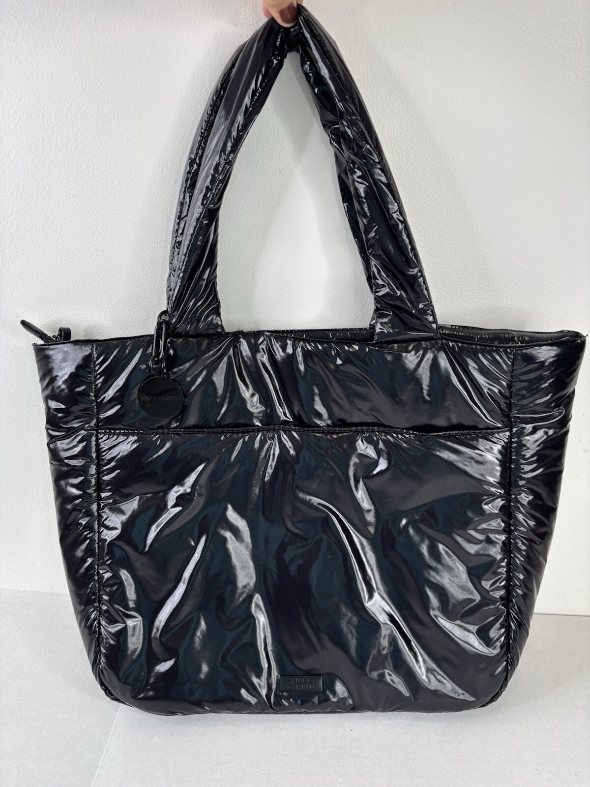 Vince Camuto Black Nylon Puffer Tote with Zip and Snap Closure Outside Pocket