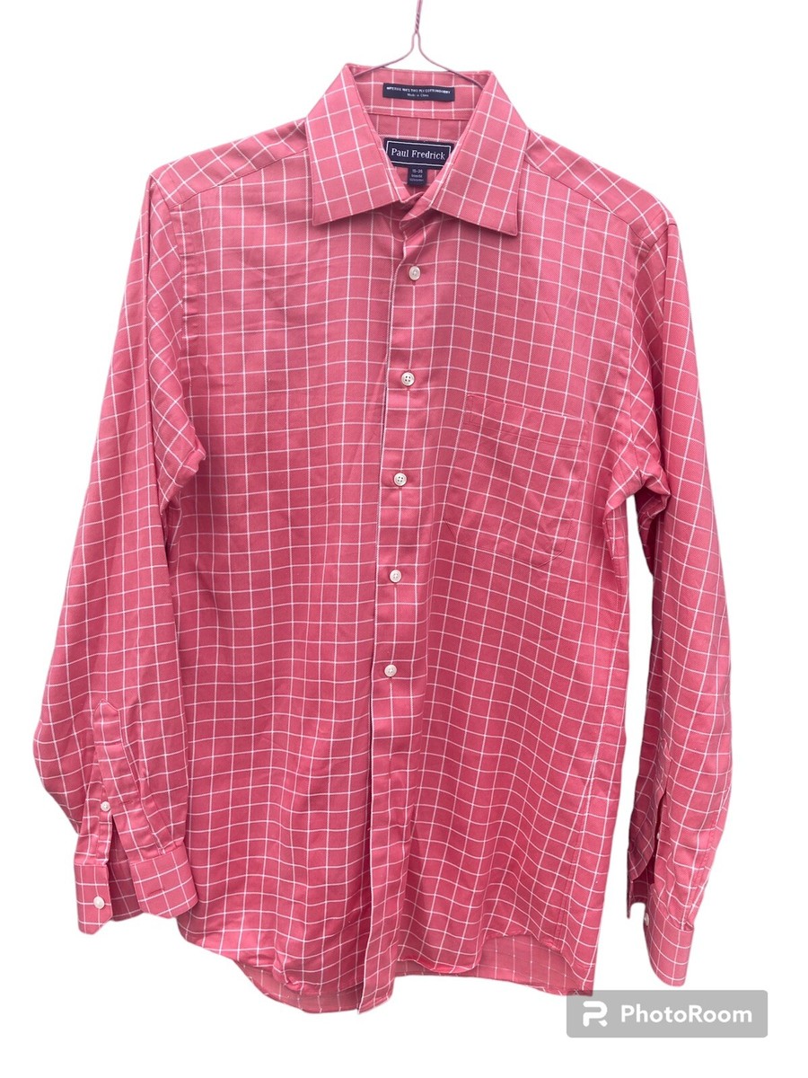 Paul Fredrick Mens Peach Colored Checked Cotton Shirt Size 15-35 Trim Fit