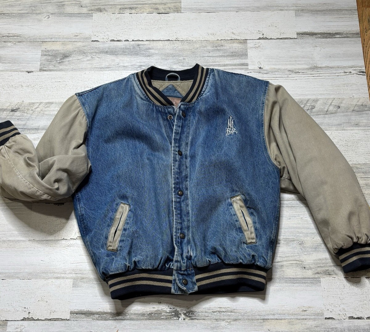 No Fear 90’s Varsity Bomber Jacket Denim Mens Medium Vintage Snap