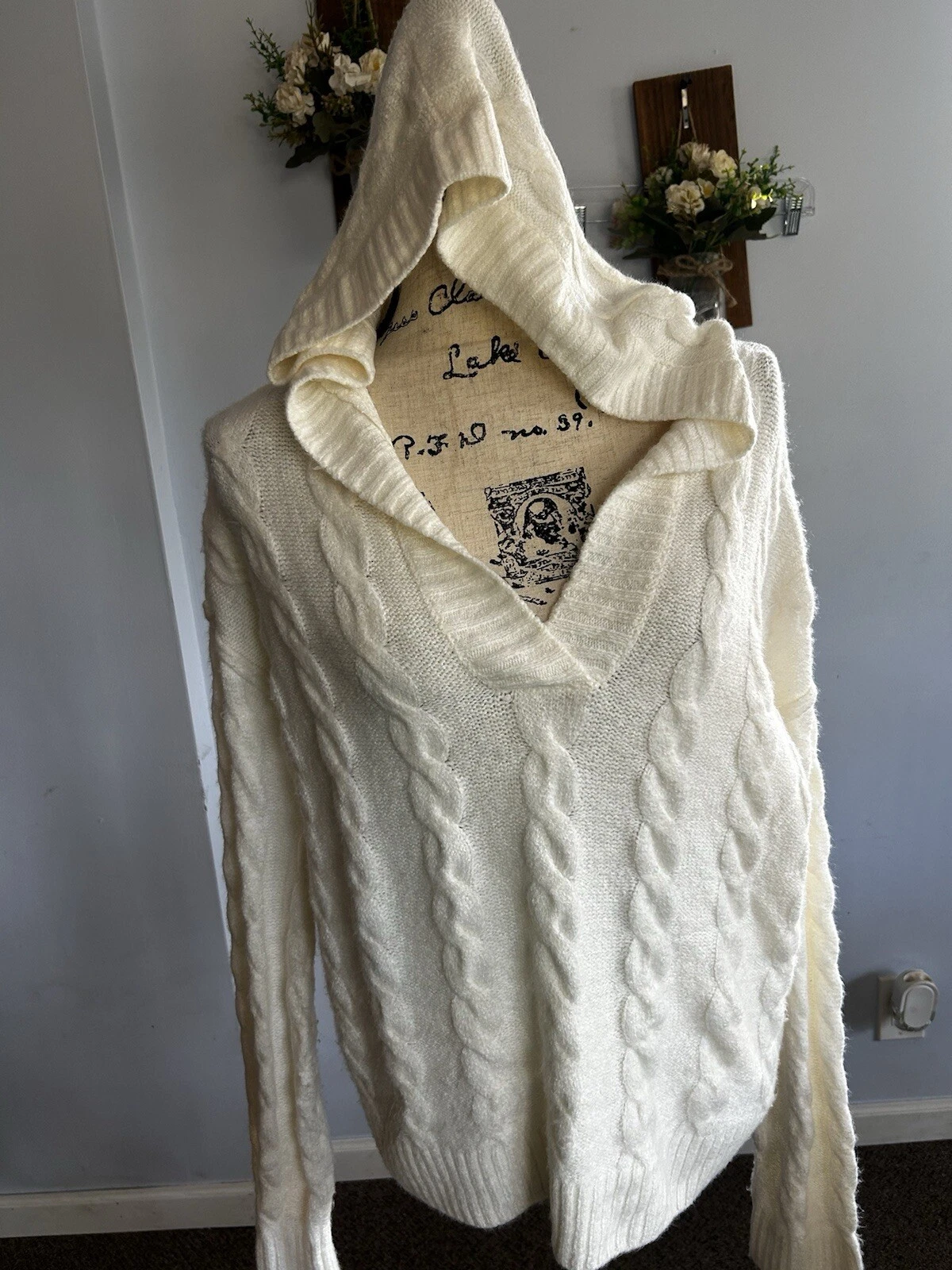 OFF WHITE So Maglione Donna Felpa Con Cappuccio Intrecciato Maglia Avorio Super Morbido Preppy Cottage M