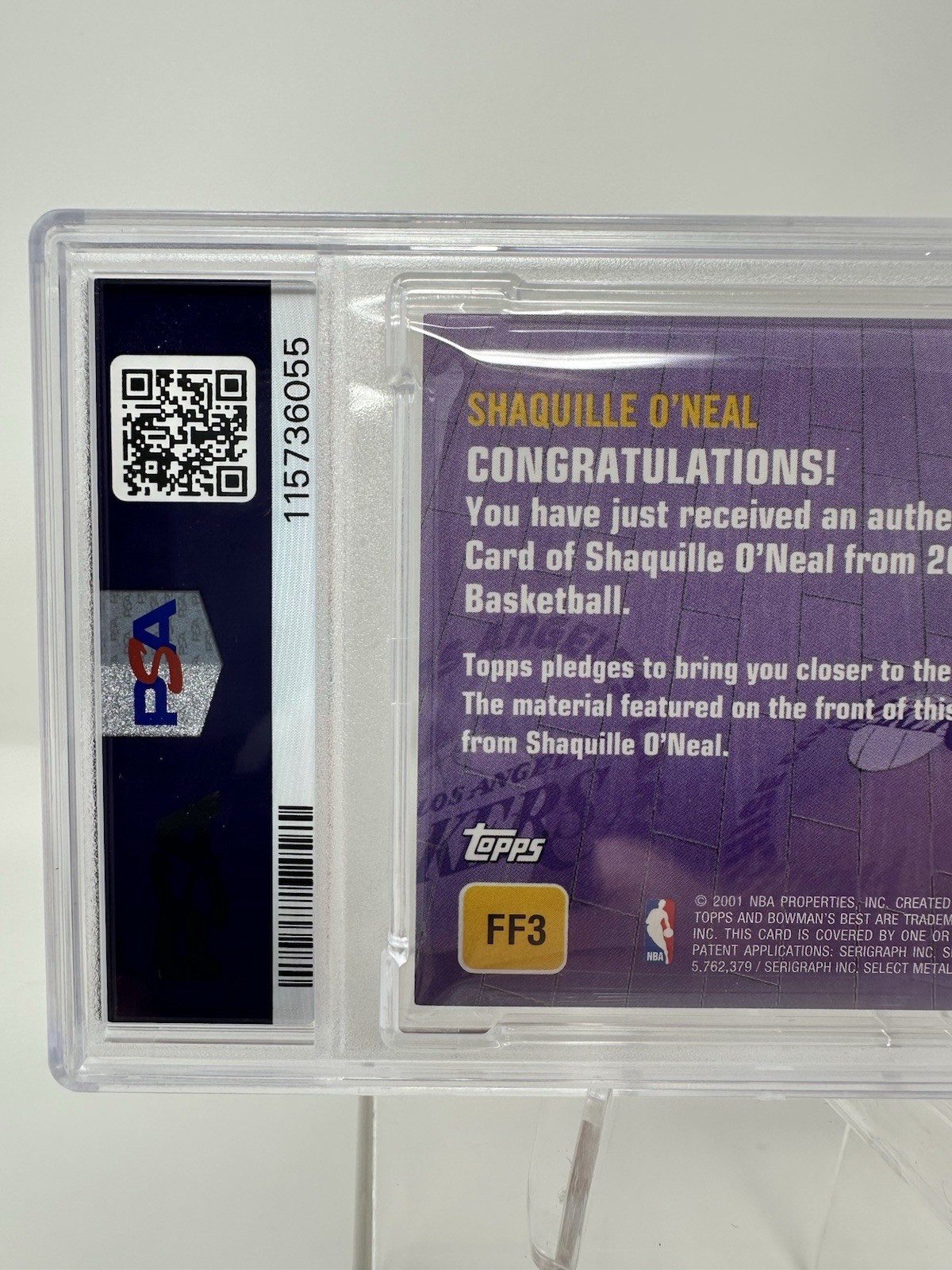 2001 Bowmans Best Shaquille O'Neal REFRACTOR Game Worn Patch #FF3 PSA 9 Lakers view 8