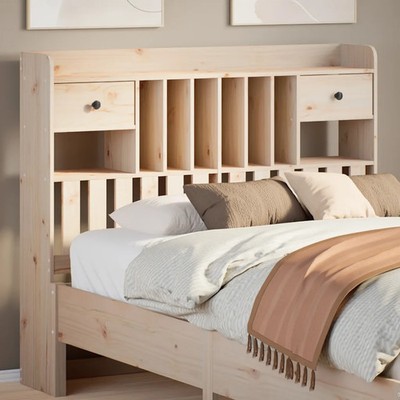 Kopfteil natur Kiefernholz 135 cm breit massiv Stauraum 6 Fächer 2 Schubladen voll