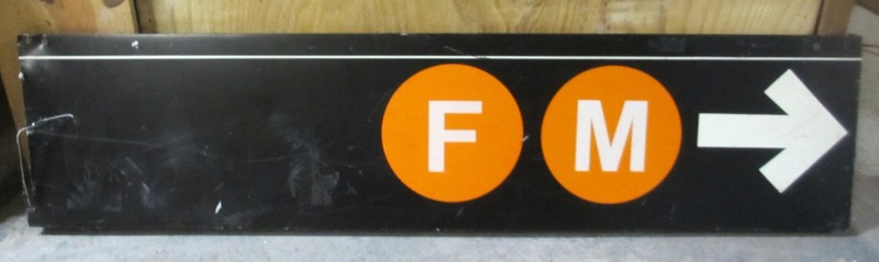 Vintage New York City Subway Aluminum Station Sign F M Trains with Right Arrow