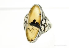 Antique Edwardian Ostby & Barton Agate Sterling Silver Ornate Ring Size 6.25
