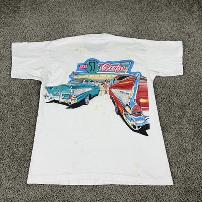 Vintage 57 Cafe Shirt Mens Large White 1957 Bel Air Car Diner Graphic 90s