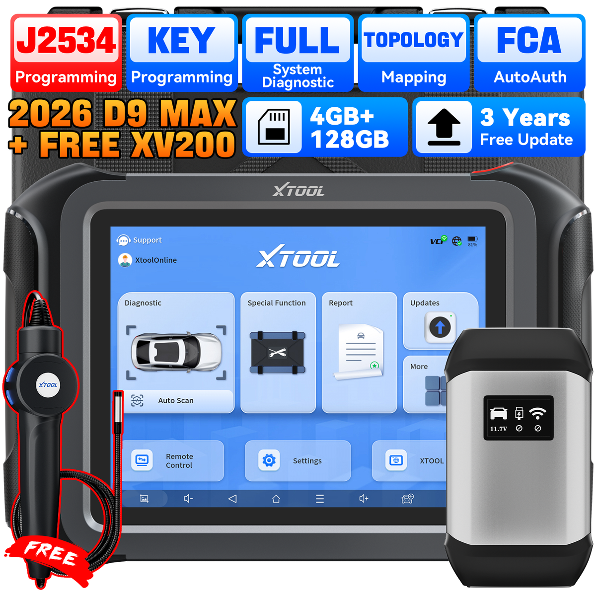 XTOOL D9 MAX Car Diagnostic Scanner J2534 ECU Programming Tool Key