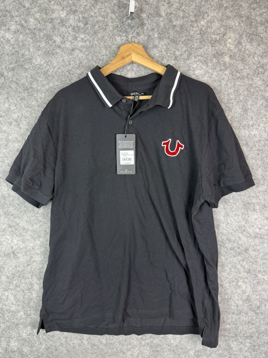 ポロシャツ TRUE RELIGION LOGO RUGBY SHIRT BLACK True Religion Polo Shirt Men's XL Rugby Short Sleeve Tipped Logo