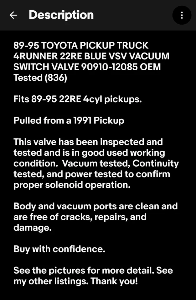 89-95 TOYOTA PICKUP 4RUNNER 22RE azul VSV VÁLVULA INTERRUPTOR DE VÁCUO 90910-12085 FABRICANTE DE EQUIPAMENTO ORIGINAL - Imagem 2 de 4
