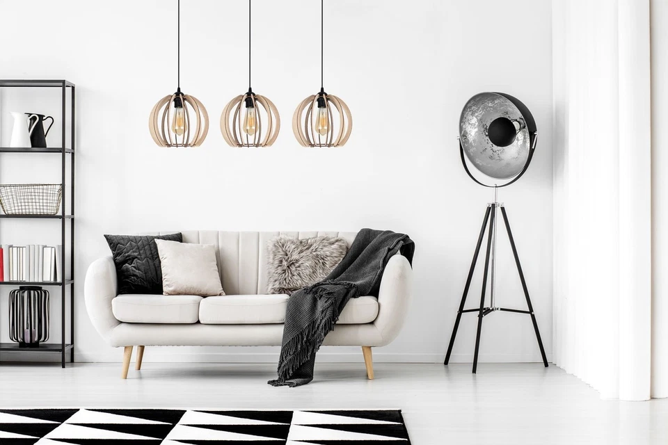 Hängelampe Schwarz E27 Holz Metall 3-flammig Esszimmer Pendelleuchte 80 cm lang - Bild 4 von 4