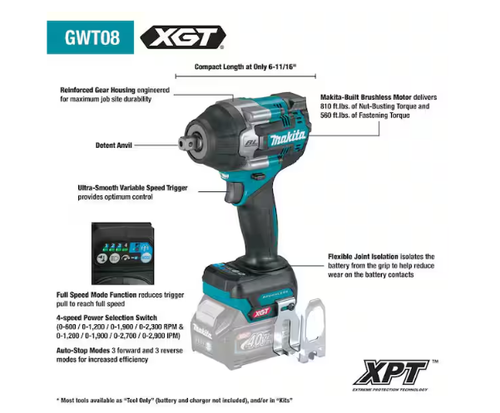 Makita GWT08Z 40V XGT 1/2" Schlagschrauber bürstenlos 4 Geschwindigkeiten Arretierung (NUR WERKZEUG) - Bild 7 von 14