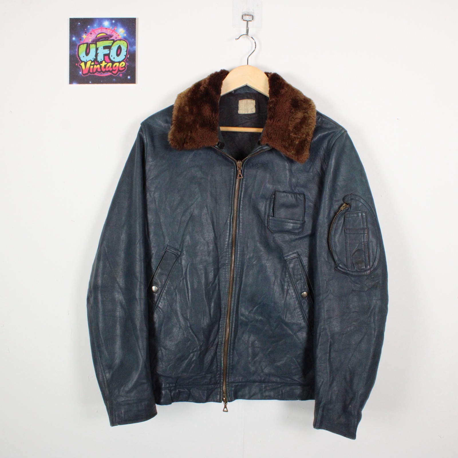 Vintage French Air Force Leather Bomber Pilot Jacket Mens M Blue Type 72 Collar