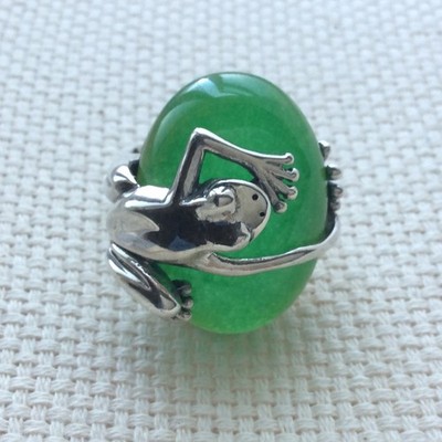 925 Silber grüner Achat Frosch Ring - Statement/Cocktail - verstellbar - UK P 1/2
