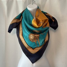 Vintage Equestrian Scarf Square Horse Bridle Tact 34x34 Blue Gold