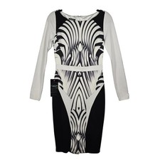 Bebe LS Print Block Scuba Dress Woman Medium Black White Geometric Sheath Midi