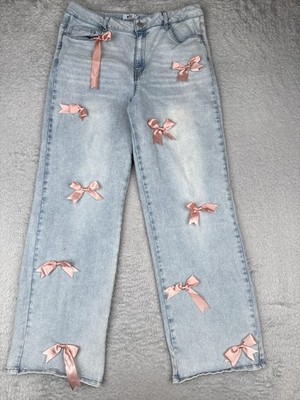 Refuge Denim Jeans Womens 9 Light Wash High Rise Wide Leg Satin Bow Embellished