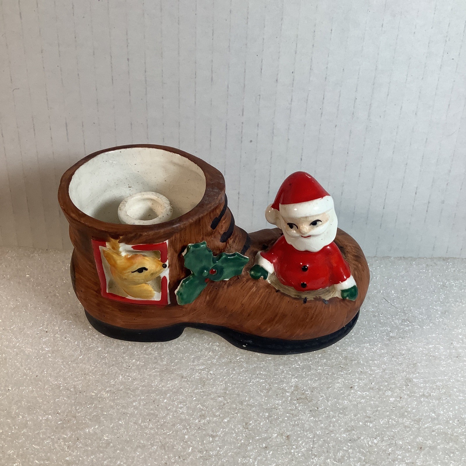 Vintage Napco Ceramic Christmas Boot Red Candle Holder Santa & Reindeer MCM