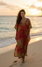 Boho Maxi Kaftan Dress Floral Red Kimono Caftan Resort Dress Handmade Gift M-2X