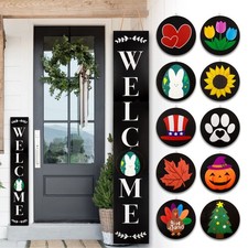 Welcome Sign for Front Porch Standing, Interchangeable Wooden Sign with 5 Design