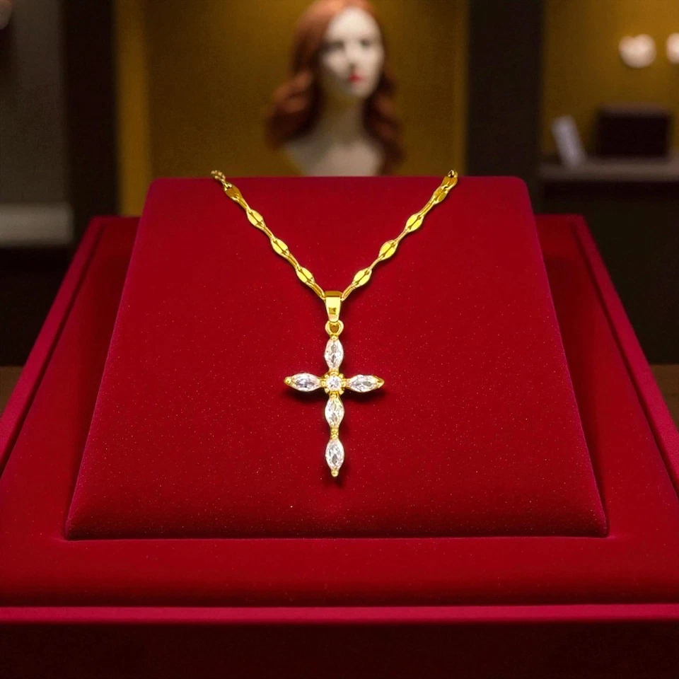 Collar Cruz Mujer Oro 18K y Plata ✝️ Colgante Circonita Circonita Acero Inoxidable Nuevo✝️ Foto 3 de 4