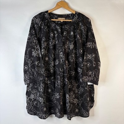 Woman Within Tunic Blouse Womens 26/28 2X Black Floral Cotton 3/4 Sleeve Boho