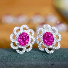 14K White Gold Plated 2Ct Oval Cut Lab Created Pink Ruby Women's Stud Earrings