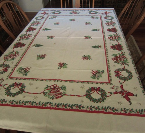VTG 1950’s Christmas Tablecloth Holly Berries Santa Claus Cloth Fabric 52 x 76