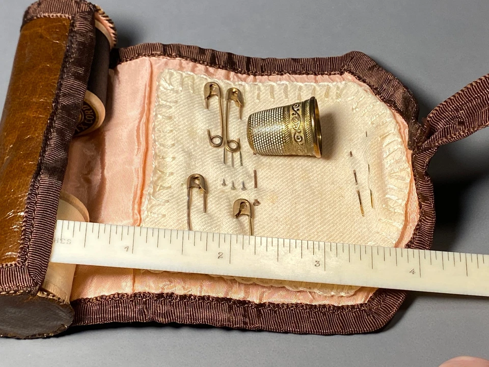 Antique Leather Sewing Roll Rollup Kit Thread Spool Holder Needle Case Thimble - Image 2 of 4