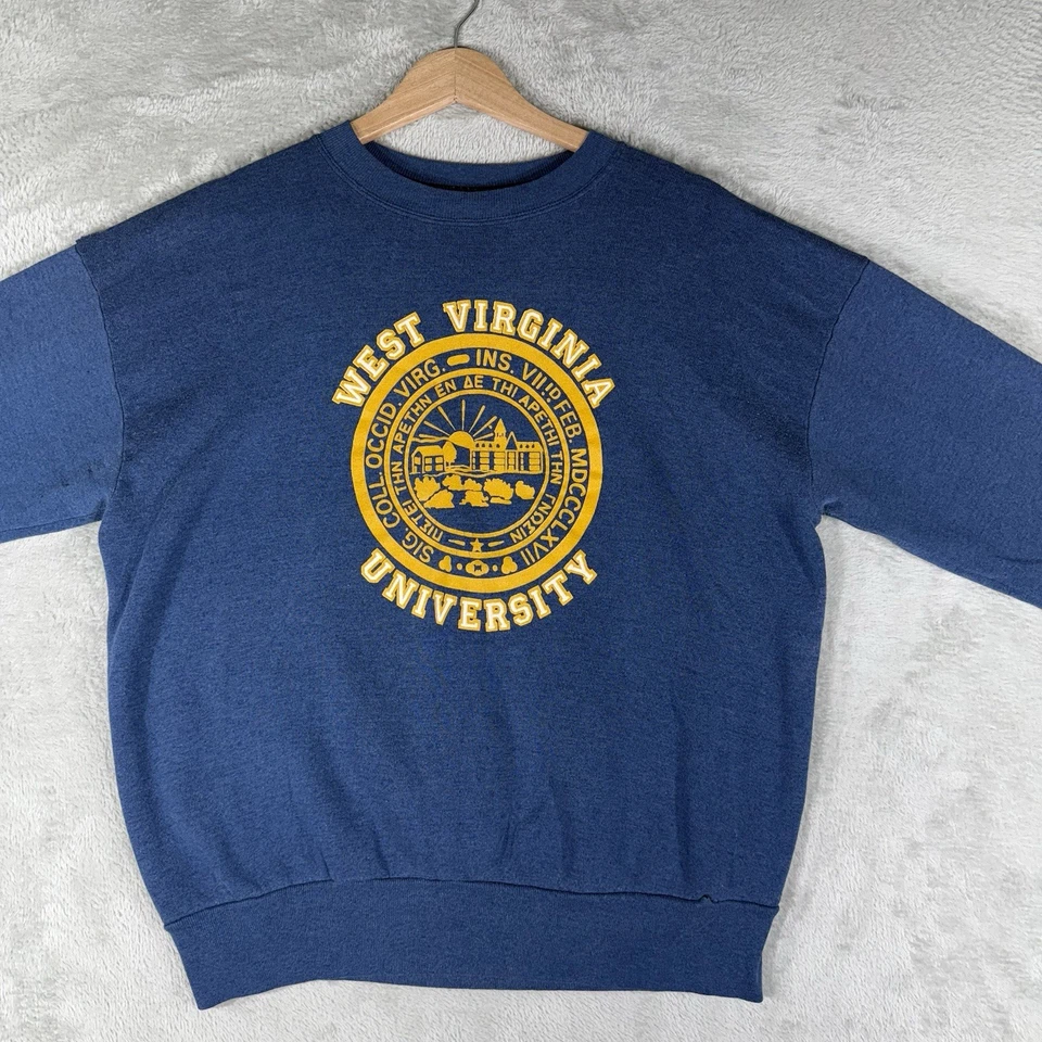 VTG West Virginia University Sweatshirt Men’s L Blue 90s Pullover Crew Neck USA - Image 2 of 4