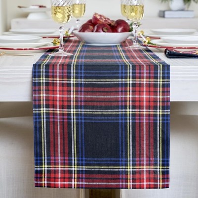 Linen Table Runner 72 Inches Long  100% Pure Linen Stewart Tartan Plaid Black...