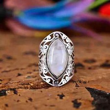 Rainbow Moonstone Ring, Boho Sterling Silver Ring, Long Stone Ring, All SB-169