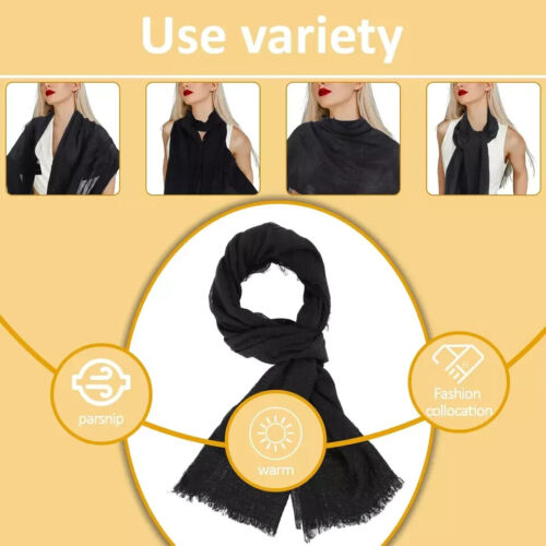 Black Scarf Cotton Long Scarf Black Cotton Blend Crinkle Soft Scarf with Fringed - Picture 5 of 7