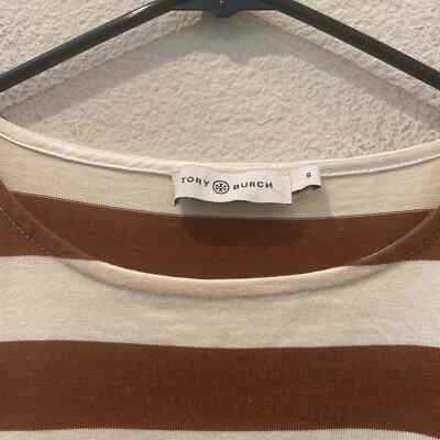 Tory Burch JERSEY STRIPED DRESS Maxi Brown Cream L/S Size Small **no belt |  eBay