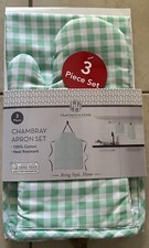 New 3 pcs Chambray Apron Set Oven Mitt Pot Holder. 100 Cotton Green white.