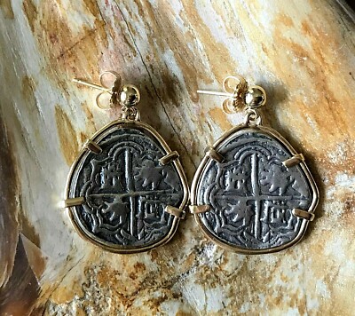 Earrings ATOCHA Coins 14K Yellow Gold  Ladies  Sunken Treasure Shipwreck Jewelry
