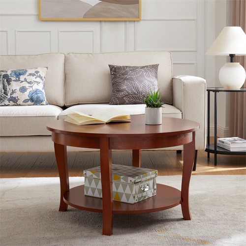 Traditional Coffee Table w/Storage 2 Tier Wood Circle Accent Table Living Room - Picture 10 of 13