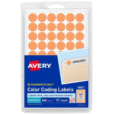 Avery Handwrite Only Removable Round Color-Coding Labels 1/2'' dia Neon Orange