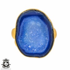 Size 7.5 - Size 9 Adjustable Ocean Agate Geode 24K Gold Plated Ring GPR297