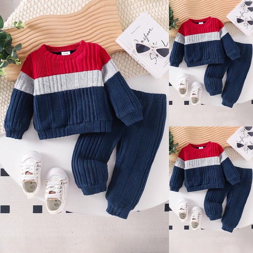 Toddler Kids Baby Boys Ribbed Colorblock Tops Pants Tracksuit Clothes Outfit Set