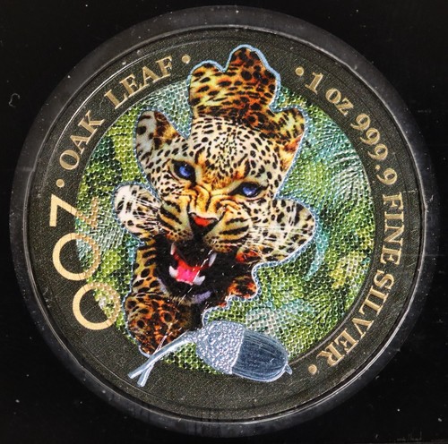 2019 1 Oz .999 Silver 5 Mark The Oak Leaf - Zoo - Jaguar - Silver Coin Colorized