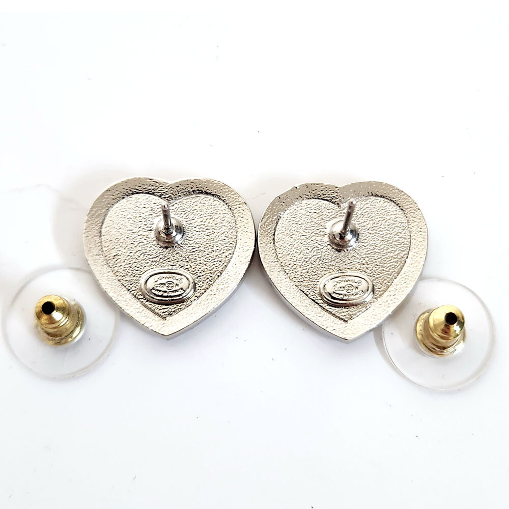 CHANEL Cocomark Heart-shaped Earrings ABB664 Silver Black