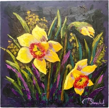 Daffodils Original Oil Painting Flowers Floral Hand Painted Impasto Art 12x12 in