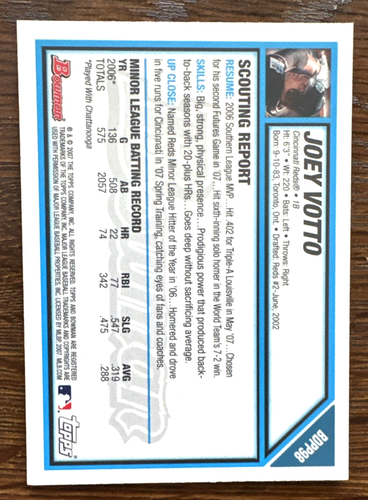 2007 Bowman GOLD Draft Picks And Prospects #BDPP98 Joey Votto (RC) π₯βΎπ₯ - Picture 8 of 9