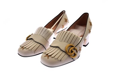  Gucci Quentin Marmon Pumps Fringe Ivory Leather Gold Stars Bee Logo 36 1/2 NEW