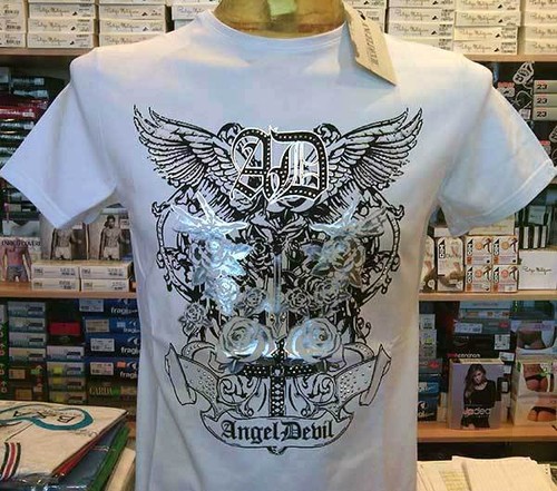 T-shirt maglia uomo Angel Devil con stampa argentata e borchiette art  14010015 | eBay