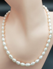 Vintage White Pearl 7-11 mm Long Oval Graduated Freshwater Necklace 16"