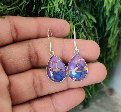 Purple Copper Turquoise 925 Sterling Silver Handmade Earring SR1021 - Picture 3 of 8