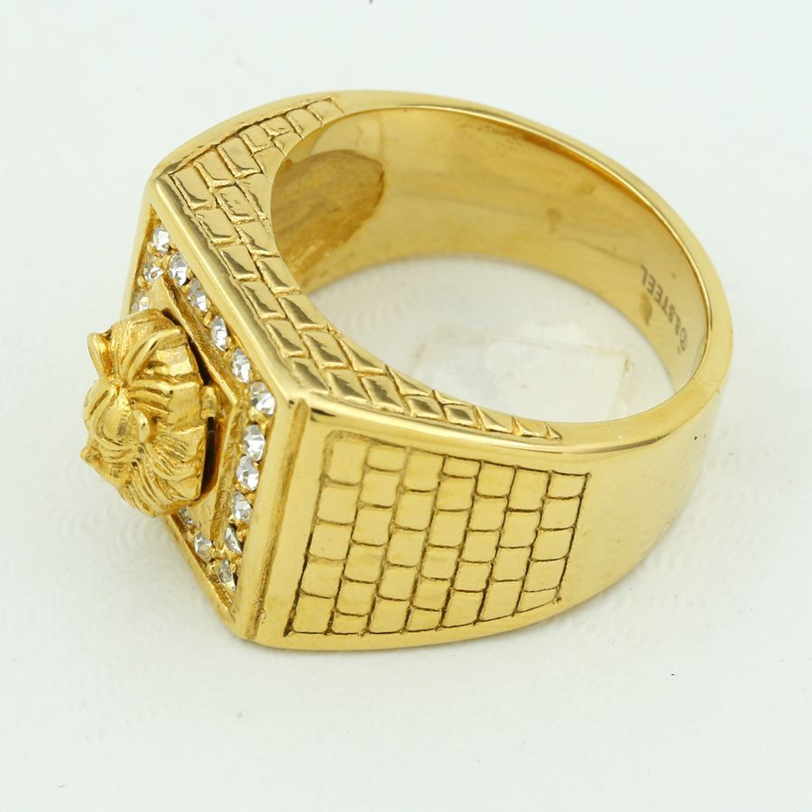 Men's Lion Head Ring - Stainless Steel With Cubic Zirconia, Gold Plated, Size 8-13, Wedding/Gift Box